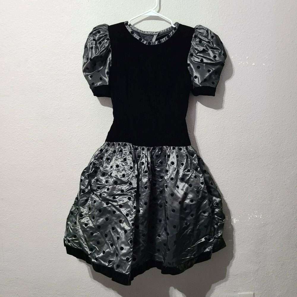 Victor Costa Velvet Polka Dot Puff Sleeve Tulled Dress Size 8 Gray Black